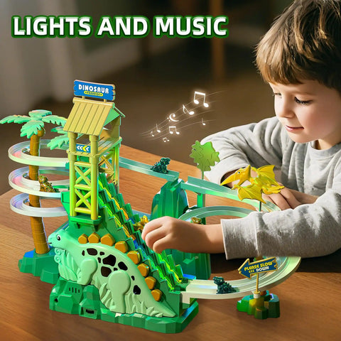 Child playing with Dinosaur Climbing Slide Toy With Racing Track For Toddlers 3 4 5 6 7 8 Light Up Music Themed Car Track Set Staircase