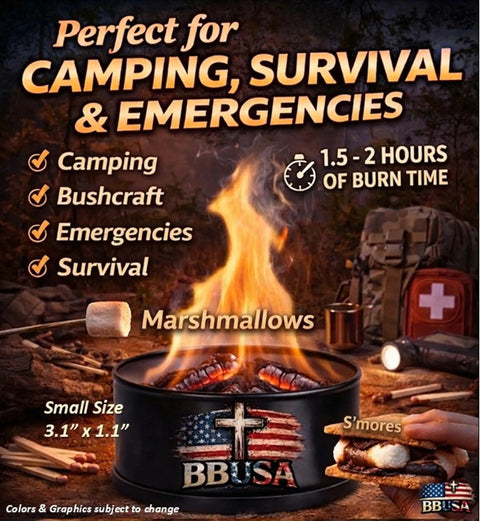 Pocket Sized Bonfire In A Can Portable Campfire with marshmallows and s'mores setup for camping and emergencies, small size.