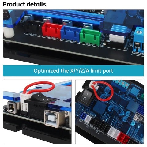 Close-up of 3 Axis GRBL CNC Engraver Controller Board With 36V DC Input And USB, showing optimized XYZ limit port details.