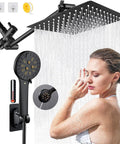 10 Inch High Pressure Rain Shower Head With 6 Settings And Handheld Combo, Epic 78 Inch Hose, 11 Inch Extension Arm, Water Temperature Reminder, Square Black Finish For Modern Bathrooms
