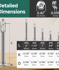 Detailed dimensions of the 110 Piece Size Ten Stainless Steel Self Tapping Screws Kit With Hex Socket Drive for various lengths and diameters.