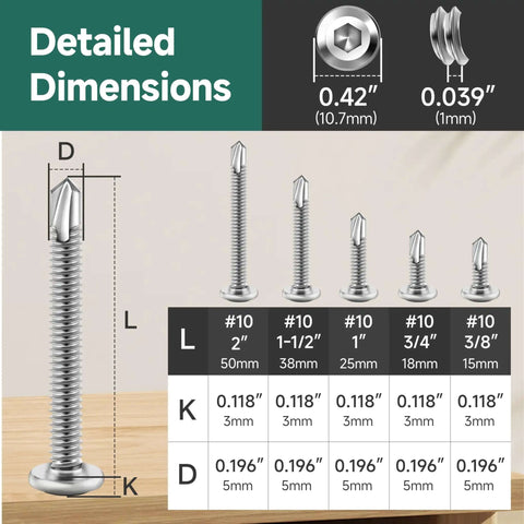 Detailed dimensions of the 110 Piece Size Ten Stainless Steel Self Tapping Screws Kit With Hex Socket Drive for various lengths and diameters.
