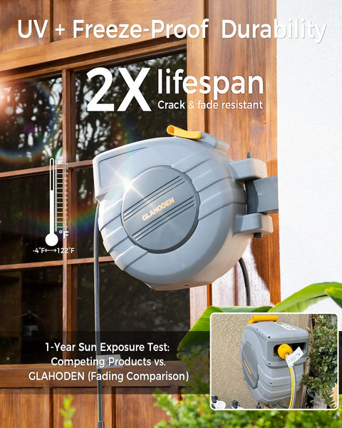 Retractable Garden Hose Reel Five Eighths Inch By 65 Feet With UV Freeze Protection Brass Seal mounted on wall outdoors