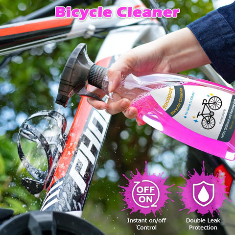 Bike Chain Cleaner Kit With Bicycle Cleaner Degreaser Lubricant And 12 Piece Cleaning Set spraying cleaner on bike frame