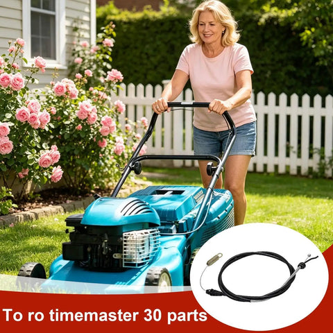 Woman using mower with Beefed Up Heavy Duty Lawn Mower Cable Replacement for 30 Inch Grass Trimmer and Lawn Mower shown.