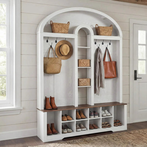 59 Inch Hall Tree With Shoe Storage And Built In Bench Arched Entryway Drop Zone With Coat Rack Ten Shoe Cubbies And Ten Coat Hooks