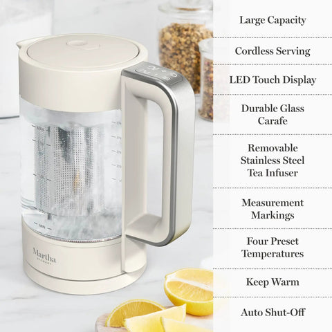 Electric Kettle With Removable Stainless Steel Tea Infuser And Glass Carafe 1.7L, Keep Warm Mode, Auto Shut Off, Linen White