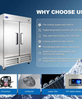 Rock Solid Stainless Steel Two Door Commercial Freezer 54 Inch Wide 49 Cubic Foot Reach In Unit Slick Auto Defrost Frost Free Storage with digital controls and fan cooling.