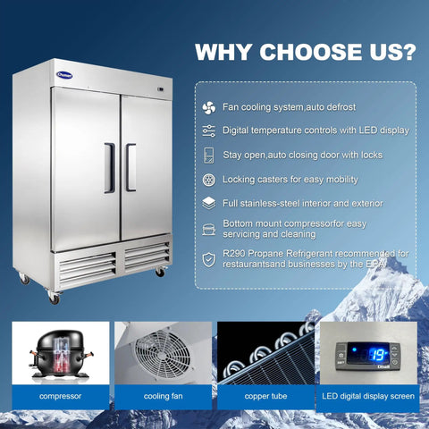 Rock Solid Stainless Steel Two Door Commercial Freezer 54 Inch Wide 49 Cubic Foot Reach In Unit Slick Auto Defrost Frost Free Storage with digital controls and fan cooling.