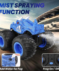 Remote Control Monster Truck For Kids 3 4 5 6 7 8 Dope 2.4GHz All Terrain Off Road RC Car With Sprayer Lights in blue on racetrack