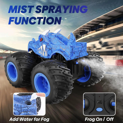 Remote Control Monster Truck For Kids 3 4 5 6 7 8 Dope 2.4GHz All Terrain Off Road RC Car With Sprayer Lights in blue on racetrack
