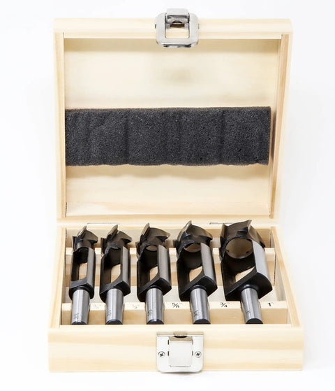 Five Piece Pro Grade Tenon And Deep Plug Cutter Drill Bit Set With Carrying Case For Dowels And Tenons Up To Three Inches Long Includes Three Eighths Inch, One Half Inch, Five Eighths Inch, Three Fourths Inch And One Inch Diameter Bits Fits Drill Presses