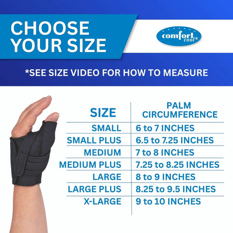 Size chart for CMC Thumb Brace For Arthritis And Tendonitis Relief With Restriction Split, Breathable Neoprene Support, Right Hand