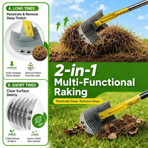 Dual Sided 15 Inch Dethatching Rake With Sharp Steel Tines And 70 Inch Adjustable Handle For Lawns Manual Scarifier in use
