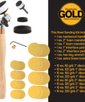 Peachtree bowl sander kit with wooden handle and 85-piece gold abrasive discs.