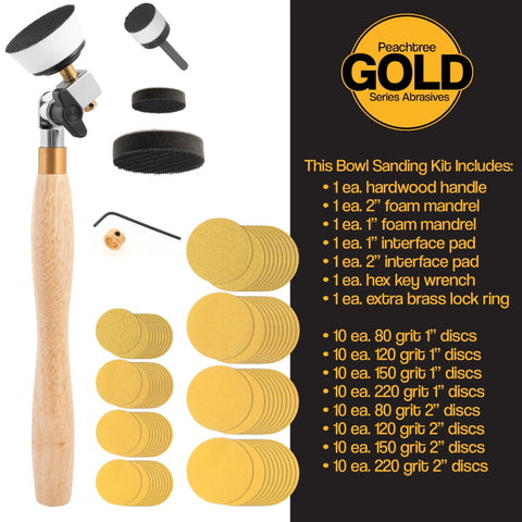 Peachtree bowl sander kit with wooden handle and 85-piece gold abrasive discs.