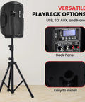 Powerful Dual 8 Inch Active And Passive PA System Kit With 700 Watt Max Output Microphone Bluetooth Streaming MP3 USB SD AUX Playback And Stands For Live Gigs And Events Gig Ready, showing speaker on tripod with control panel details