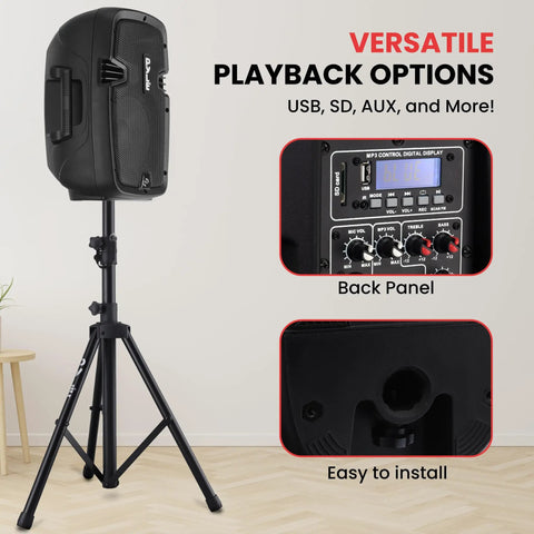 Powerful Dual 8 Inch Active And Passive PA System Kit With 700 Watt Max Output Microphone Bluetooth Streaming MP3 USB SD AUX Playback And Stands For Live Gigs And Events Gig Ready, showing speaker on tripod with control panel details