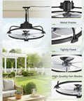 20 Inch Outdoor Ceiling Fan With Lights For Patio And Gazebo IP65 Waterproof Caged Design with metal frame and fan blades