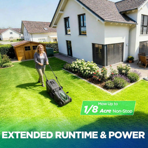 16 Inch Cordless Lawn Mower With Brushless 40V Power Dual 5Ah Batteries And Charger 2 In 1 Mulching And Bagging Easy 6 Position Height Adjustment Perfect For Small To Medium Yards Gas Like Power With No Fumes, woman mowing lawn
