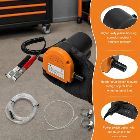 Grease Monkey Approved 12 Volt Electric Oil Extractor Pump With 60 Watt Motor and Reinforced Hose Clamps, black and orange design, allows easy fluid transfer.