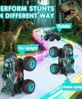 All Terrain Dinosaur Monster Truck RC Car With 2.4Ghz Remote, Music, 3 Lighting Modes, 360 Stunt Capable, toy in forest setting