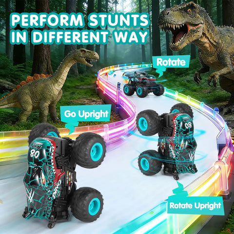 All Terrain Dinosaur Monster Truck RC Car With 2.4Ghz Remote, Music, 3 Lighting Modes, 360 Stunt Capable, toy in forest setting