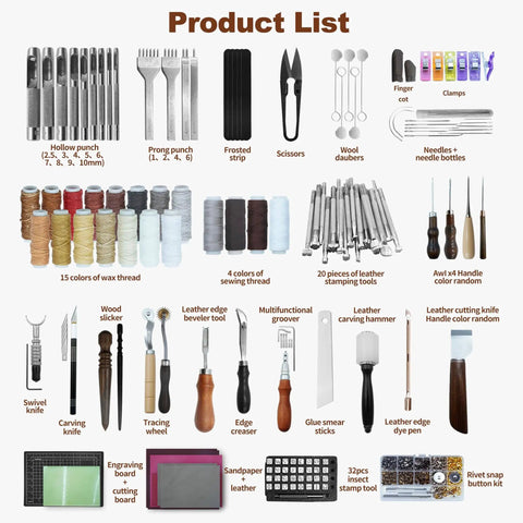 Leather Tooling Kit For Leather Craft Enthusiasts 588Pcs DIY Set With Handbag Case including threads, punches, needles, and tools.