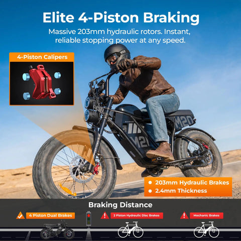 Beast Mode Electric Dirt Bike With Full Suspension And Rapid Two Hour Charging Built For Crushing Gnarly Forest Paths And Cruising Open Roads With Serious Grip braking system detail with 4-piston calipers and 203mm rotors.