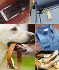 Collage of leather products and accessories showcasing belt, purse, pet collar, denim shirt, and studded heels.