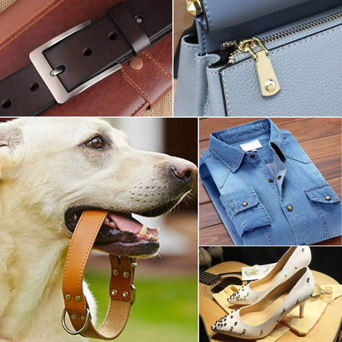 Collage of leather products and accessories showcasing belt, purse, pet collar, denim shirt, and studded heels.