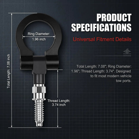 Straight Up Tough Car Front Bumper Tow Hook And Racing Style Screw On Trailer Pull Ring Heavy Duty Alloy Foldable D Ring Black specifications with dimensions.