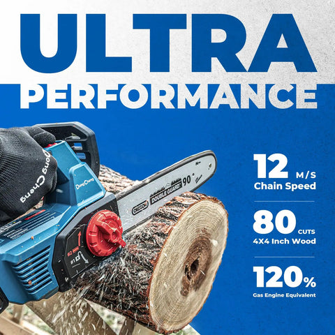 Brushless Cordless Chainsaw With 12 Inch Bar 20V Power cutting wood showing 12 m/s chain speed and 80 cuts capacity