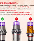 Image showing Dyson vacuum filters with compatibility notes, excludes models V11 Outsize, V15 Outsize; shows correct fit for others.