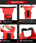 Red roll-top waterproof dry bag with buckles and reflective strip for boating and camping.