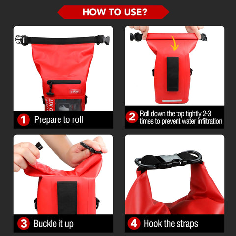 Red roll-top waterproof dry bag with buckles and reflective strip for boating and camping.