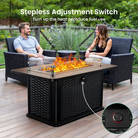 43 Inch Rectangular Propane Fire Pit Table With 60,000 BTU Heat For Backyard Hangouts, glass stones, wind guard, black