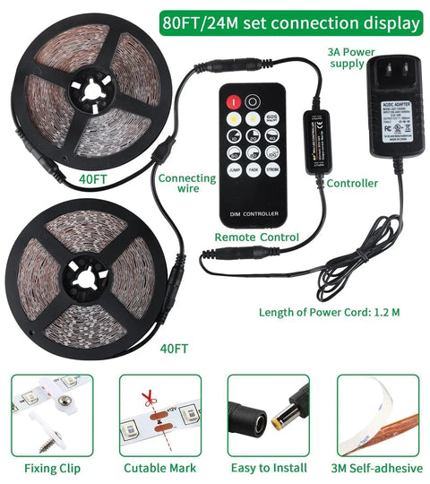 80Ft Black Light Strip With Remote, 1440 LEDs, Flexible 12V Glow Party Blacklights showing 40FT rolls and remote control.