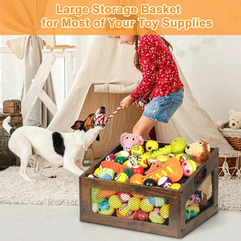 Wooden Dog Toy Basket With Slanted Front For Easy Reach Doggo Friendly Durable Toy Box And Bin for home with dog and child