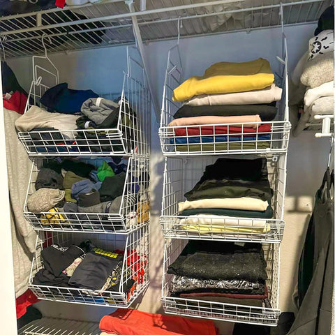 3 Tier Foldable Closet Organizer With Wall Mount And Cabinet Storage Bins, Includes 5 S Hooks, Space Saving Clothes Shelves