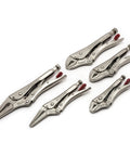 Five Piece Curved And Long Nose Locking Pliers Set With Wire Cutter Angled Teeth For Superior Grip Knurled Adjustment Screw With Hex Key Receiver For Quick Adjustments Heavy Duty Locking Pliers Kit arranged side by side