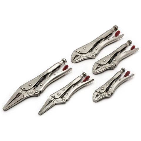 Five Piece Curved And Long Nose Locking Pliers Set With Wire Cutter Angled Teeth For Superior Grip Knurled Adjustment Screw With Hex Key Receiver For Quick Adjustments Heavy Duty Locking Pliers Kit arranged side by side