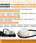 Washer Shift Actuator Kit With Pulley Clutch And Drive Belt For Whirlpool Kenmore Maytag Machines Pro Grade Upgraded W10913953 W10721967 W10006384 graphic showing components and compatible models.