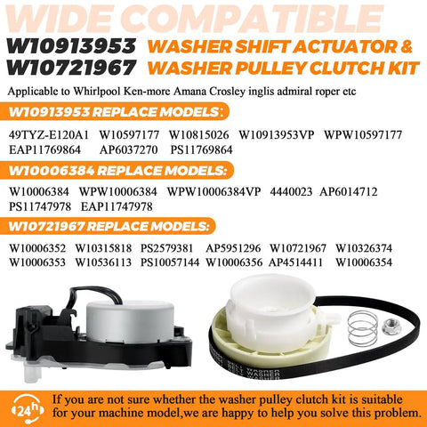 Washer Shift Actuator Kit With Pulley Clutch And Drive Belt For Whirlpool Kenmore Maytag Machines Pro Grade Upgraded W10913953 W10721967 W10006384 graphic showing components and compatible models.
