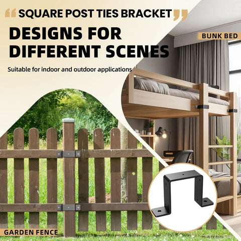 Beefy 4x4 Fence Post Brackets Set used on bunk bed frame and garden fence, 2mm thick steel ties for 4x4 wood posts, versatile use.