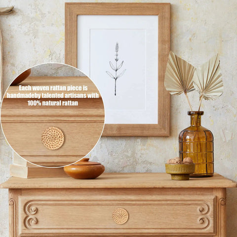 Boho Rattan Dresser Knobs Set With Six Handmade Round Wood Pulls And Six Screws Woven Wicker Cabinet Hardware installation