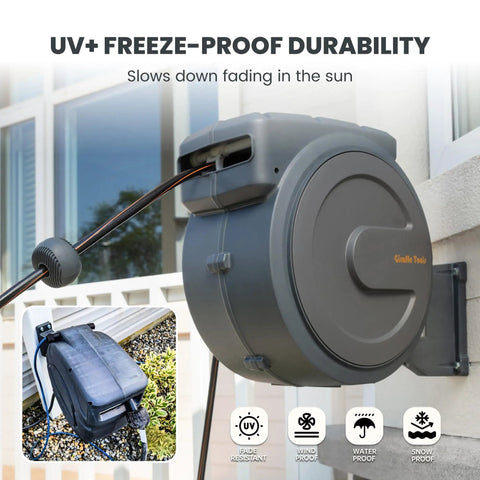 Retractable Wall Mounted Garden Hose Reel Half Inch By One Hundred Feet With Auto Rewind And Lock At Any Length In Dark Gray for Outdoor Use