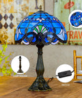 Blue Tiffany Style Table Lamp With Handcrafted Stained Glass For A Classic Vibe Vintage Luxurious Nightstand Reading Desk Light