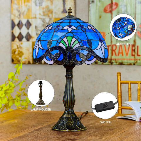 Blue Tiffany Style Table Lamp With Handcrafted Stained Glass For A Classic Vibe Vintage Luxurious Nightstand Reading Desk Light