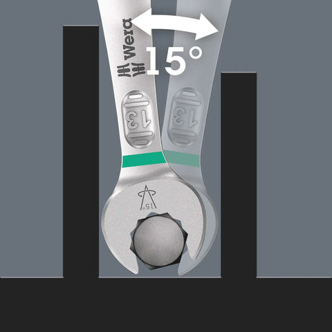 Joker 8 Imperial Set 8 Piece SAE Combination Wrench Set with slim mouth and 15° angle for tight spots, showing close-up detail.